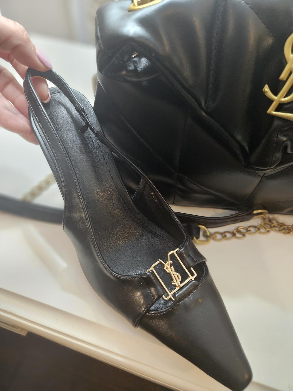 Black Pointed Slingback Pumps with Gold Accent